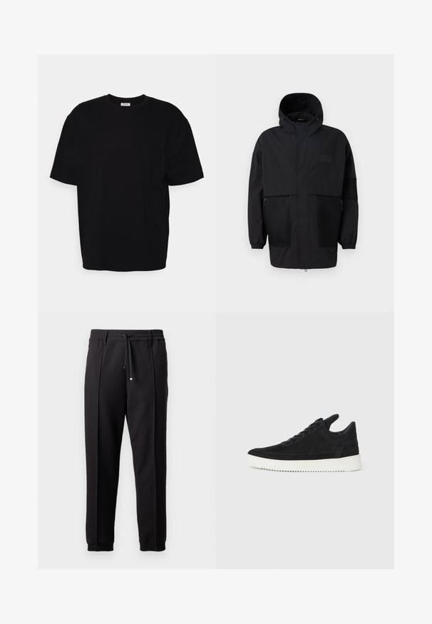 Black hooded jacket made from lightweight fabric, featuring mesh panels, a front zipper, and elastic cuffs for adjustable fit.; Black cotton t-shirt with short sleeves, round neckline, relaxed fit, and no visible patterns or detailing. Smooth texture.; Black trousers with a waistband, drawstring, and elastic cuffs. Features pleats and a smooth, textured fabric.; Black suede sneaker with a white rubber sole, featuring tonal stitching and lace-up design. Smooth texture with a modern, streamlined shape.