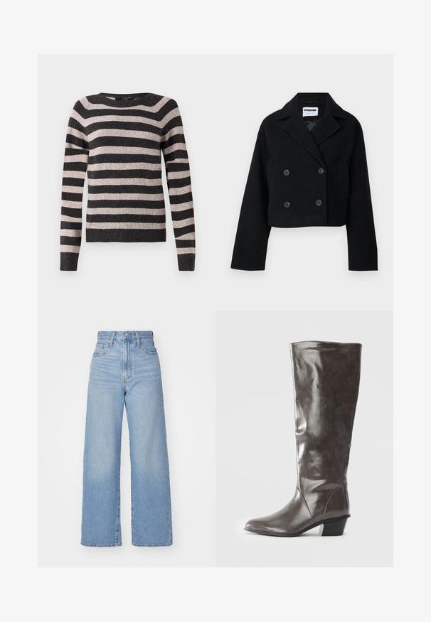 Veste noire courte à double boutonnage avec col cranté, manches larges, deux poches avant et six boutons assortis. Texture lisse.; Pull à rayures noir et beige, col rond, manches longues, ourlet côtelé, texture douce, avec des rayures horizontales uniformément espacées.; Jean large taille haute bleu clair avec bouton et fermeture éclair à l'avant, poches avant et arrière, sur fond blanc.; Bottine en cuir gris foncé pour femmes grandes, avec un talon moyen et un bout arrondi, vue de côté sur fond blanc.