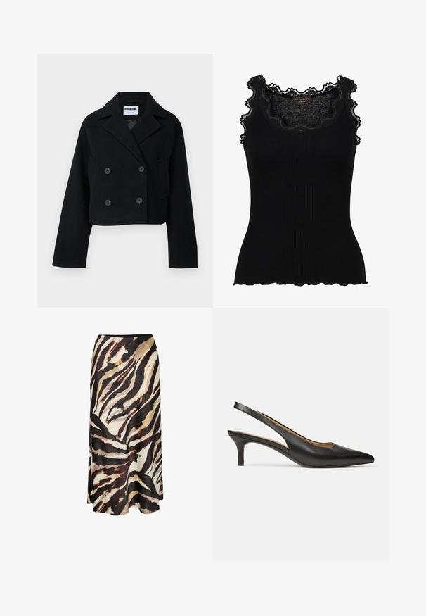 Sort cropped dobbeltknapsjakke med skrå krave, vide ærmer, to forlommer og seks matchende knapper. Glat tekstur.; Sort ribbet tanktop med blonder trim ved halsudskæringen og ærmegabene. Har en tætsiddende design og bølgede kanter for ekstra tekstur.; Lang nederdel i let stof med et dristigt, abstrakt dyreprint i brune, sorte og cremefarver. Den har en glat tekstur og går til anklerne.; Sort læder slingback-pumps med spids tå og lav kitten-hæl, vist fra siden på en ens hvid baggrund.
