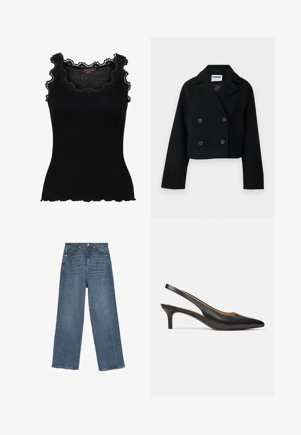 Black cropped double-breasted jacket with notched collar, wide sleeves, two front pockets, and six matching buttons. Smooth texture.; Black ribbed tank top with lace trim at the neckline and armholes. Features a fitted design and scalloped edges for added texture.; Blue denim wide-leg jeans with a textured pattern, five-pocket design, metal button closure, and stitched hems, showcasing a relaxed fit.; Black leather slingback pump with pointed toe and low kitten heel, shown from side on a plain white background.