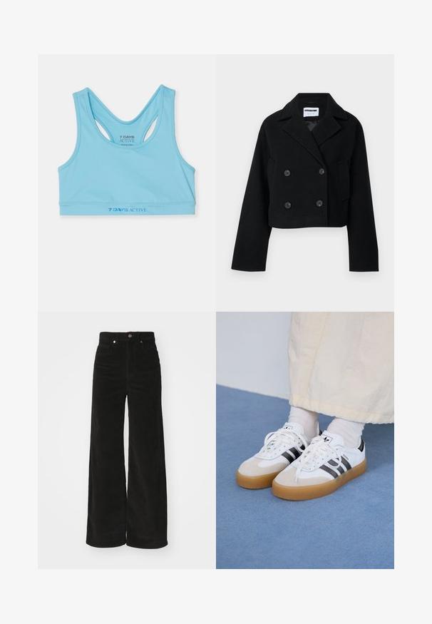 Zwarte cropped dubbele-breasted jasje met opstaande kraag, brede mouwen, twee voorzakken en zes bijpassende knopen. Gladde textuur.; Lichtblauw sportief crop top gemaakt van een gladde stof, met een racerback ontwerp en een logo in donkerblauw op de taille.; Zwarte corduroy wijde broek met een hoge taille, voorzien van twee voorkruimels en een metalen knoopsluiting. Textiel met verticale ribbels.; Witte sneakers met zwarte strepen en beige suède accenten. Voorzien van een gestructureerde gumzool en platte witte veters, gedragen met lichtgekleurde sokken.