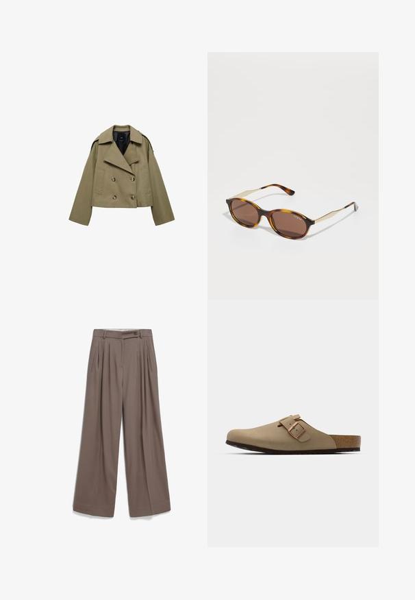 Cropped, olive green double-breasted jacket made of canvas, featuring large buttons, wide lapels, and a relaxed fit.; Beige short-sleeve t-shirt made from a textured fabric, featuring a classic crew neckline and a relaxed, straight-cut fit.; Wide-leg trousers in a soft brown hue, featuring front pleats, a button closure, and side pockets with a smooth fabric texture.; Beige clogs with a rounded toe, adjustable buckle accent, and cork footbed. Textured surface with a black rubber sole for grip.; Tortoiseshell sunglasses with rounded, dark brown lenses. Features gold accents on the temples and a glossy finish. Brand name visible on frame.