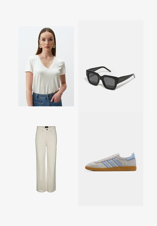 Giacca doppiopetto verde oliva, tagliata, realizzata in tela, con grandi bottoni, revers ampi e una vestibilità comoda.; T-shirt bianco con scollatura a V realizzato in tessuto morbido, dotato di maniche corte e silhouette sagomata, abbinato a jeans blu a vita alta.; Pantaloni in denim a gamba larga di colore crema con chiusura a bottoni e zip, cinque tasche e dettagli di cucitura sottili. Materiale in cotone.; Sneaker in suede grigio con strisce azzurro chiaro, suola in gomma color caramello e dettagli con logo. Design low-top con punta tonda e chiusura con lacci.; Occhiali da sole neri a forma quadrata con lenti scure, montatura in plastica spessa e tempie eleganti. Presentano un logo discreto sul lato.; Borsa a tracolla verde oliva con una finitura liscia, un bordo superiore arrotondato e un'unica maniglia nera. Presenta un design minimalista e una base triangolare.