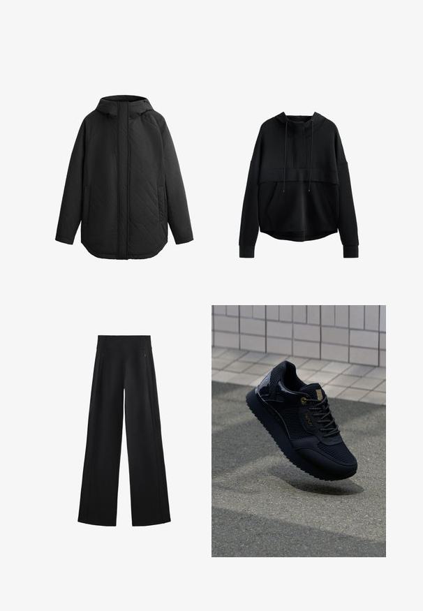 Černá prošívaná bunda s kapucí. Obsahuje ploché švy, dvě boční kapsy a rovný střih. Hladký povrch, lehký materiál.; Černá zkrácená mikina s kapucí z měkkého materiálu. Má vysoký výstřih, šňůrky, přední kapsu a široké rukávy s žebrovanými manžetami.; Široké černé kalhoty z měkké tkaniny, s vysokým pasem a dvěma kapsami na zip, s jemnými švy po stranách.; Černé tenisky s síťovaným svrškem, lesklými detaily, zlatými prvky, texturovanou podrážkou a polstrovaným límcem pro pohodlí.