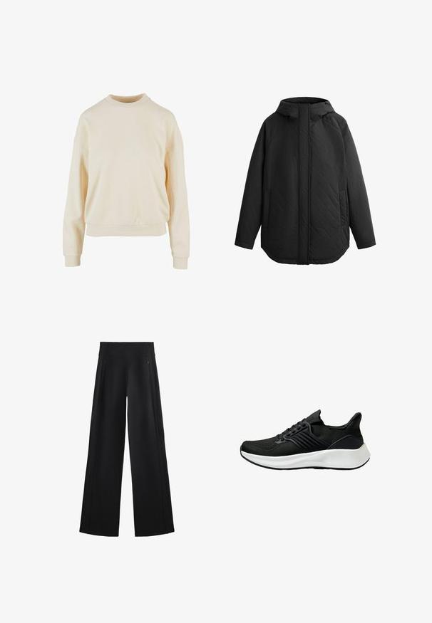 Črn, prešite jakna s kapuco. Ima ravne šive, dve stranski žep in ravno krojenje. Gladka tekstura, lahek material.; Kremna crewneck majica s dugim rukavima, ležernog kroja, s rebrastim manžetama i glatkom teksturom, koja naglašava jednostavnost u dizajnu.; Široke črne hlače iz mehkega materiala, z visokim pasom in dvema žepoma z zadrgo, z diskretnimi šivi ob straneh.; Črne športne čevlje z zgornjim delom iz teksturirane tkanine, sistemom zavezovanja in belim podplatom. Imajo nizko profilno in ukrivljeno obliko podplata.