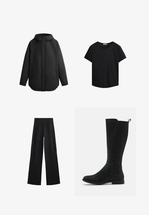 Jachetă neagră, matlasată, cu glugă. Prezintă cusături plate, două buzunare laterale și o croială dreaptă. Textură netedă, material ușor.; Tricou negru cu mâneci scurte, guler rotund și detalii din plasă perforată pe umeri. Țesătură netedă, croială relaxată, hem curbat.; Pantaloni negri cu picioare largi, dintr-o țesătură moale, având un talie înaltă și două buzunare cu fermoar, cu cusături subtile pe lateral.; Botine negre din piele sintetică, până la genunchi, cu o suprafață netedă, panouri laterale elastice și o talpă joasă, plată pentru confort.