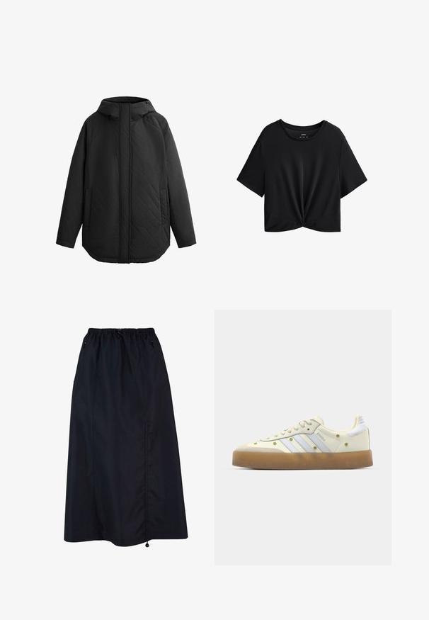 Črn, prešite jakna s kapuco. Ima ravne šive, dve stranski žep in ravno krojenje. Gladka tekstura, lahek material.; Črna skrajšana majica s kratkimi rokavi, izdelana iz mehkega blaga, z okroglim izrezom in s spletim detajlom na robu.; Črna krilo do kolen iz lahkega materiala z elastičnim pasom, stranskimi žepi in dodatki za prilagodljivost s pomočjo vrvice.; Kremni športni copati s svetlo modrimi črtami, gumo podplatom in dekorativnimi rumenimi cvetnimi akcenti na zgornjem materialu. Oblika z zaobljenim nosom.