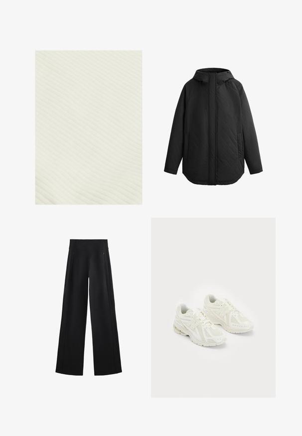 Giacca nera trapuntata con cappuccio. Presenta cuciture piatte, due tasche laterali e una forma dritta. Tessuto liscio e materiale leggero.; Tessuto a costine di crema chiara con una consistenza morbida, che presenta linee orizzontali che creano un motivo sottile. Il materiale sembra leggero e flessibile.; Pantaloni neri a gamba larga realizzati in un tessuto morbido, dotati di una vita alta e due tasche con zip, con cuciture sottili lungo i lati.; Scarpe sportive bianche realizzate in materiali sintetici e in rete, con lacci, colletto imbottito e suola testurizzata per migliorare la grip. Costruzione leggera.