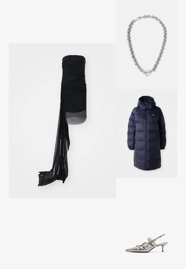 Granatowa kurtka puchowa z wysokim kołnierzem, długimi rękawami i zamek błyskawicznym z przodu. Posiada wyściełane sekcje i logo na piersi. Gładka tekstura.; Czarna sukienka bez ramiączek z marszczonym materiałem, z przezroczystą nakładką i wydłużonym, zwiewnym panelem po jednej stronie. Gładka faktura na całej powierzchni.; Metaliczne srebrne buty na obcasie typu slingback z ostrym noskiem, z trzema szerokimi paskami i kwadratowymi, metalowymi klamrami. Błyszcząca tekstura i smukły obcas.; Srebrny naszyjnik łańcuszkowy z połączonymi okrągłymi ogniwami i wypolerowanym akcentem w kształcie serca na środku. Zawiera bezpieczne zapięcie.