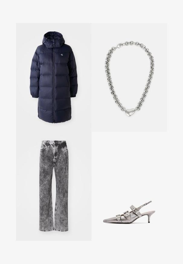 Geacă puffer de culoare bleumarin cu guler înalt, mâneci lungi și fermoar frontal. Are secțiuni căptușite și un logo pe piept. Textură netedă.; Tricou din bumbac roz deschis, cu guler rotund, având un logo brodat argintiu "Calvin Klein" și un design subtil "CK" pe piept.; Jeans cu talie înaltă și picior larg, într-o nuanță de negru și gri estompat, cu cinci buzunare și cusături contrastante pe margine.; Pantofii slingback metalici de culoare argintie, cu vârf ascuțit, prezintă trei curele late și catarame metalice pătrate. Textura lucioasă și toc subțire.; Colier din argint cu lanț format din inele rotunde interconectate și un accent în formă de inimă lustruit în centru. Include închizătoare sigură.
