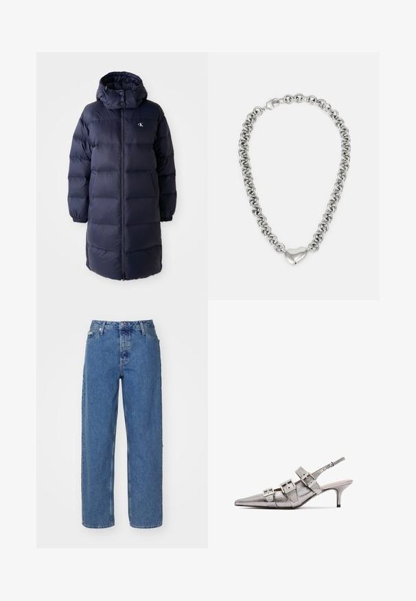 Geacă puffer de culoare bleumarin cu guler înalt, mâneci lungi și fermoar frontal. Are secțiuni căptușite și un logo pe piept. Textură netedă.; Tricou din bumbac roz deschis, cu guler rotund, având un logo brodat argintiu "Calvin Klein" și un design subtil "CK" pe piept.; Jeans din denim de un albastru deschis, cu talie înaltă, design cu picior drept, stil cu cinci buzunare și textură ușor decolorată. Încălcare cu rivete și nasture.; Pantofii slingback metalici de culoare argintie, cu vârf ascuțit, prezintă trei curele late și catarame metalice pătrate. Textura lucioasă și toc subțire.; Colier din argint cu lanț format din inele rotunde interconectate și un accent în formă de inimă lustruit în centru. Include închizătoare sigură.
