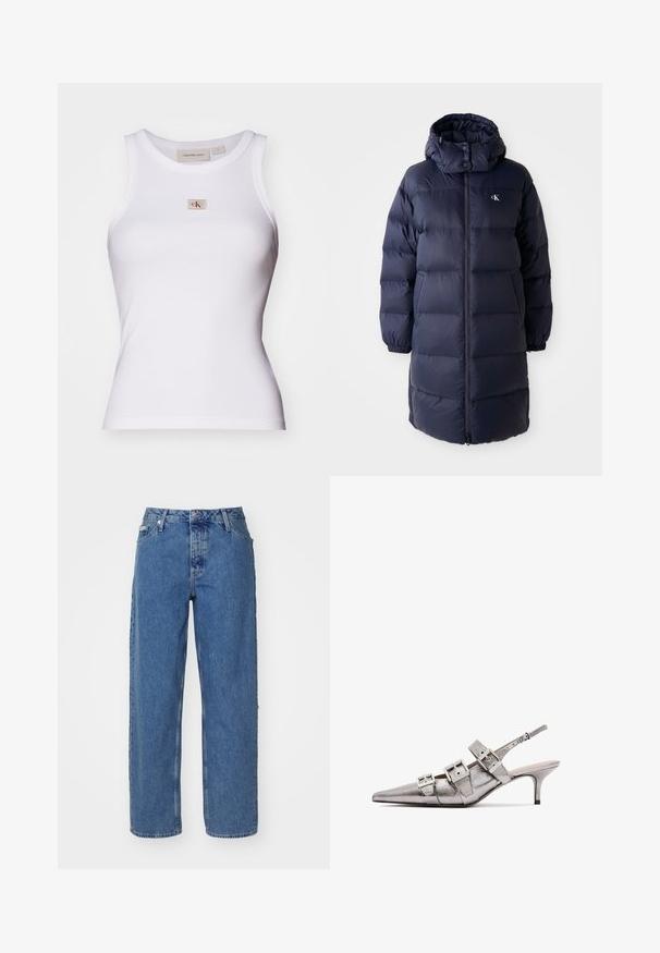 Tengerészkék pehelykabát magas gallérral, hosszú ujjal és elöl cipzárral. Párnázott részekkel és logóval a mellkason. Sima textúra.; Fehér bordás ujjatlan felső, testhez simuló szabással, kerek nyakkivágással és apró bézs logócímkével, amely vörös részletekkel díszített az elején. Pamut keverékből készült.; Világoskék farmernadrág magas derékkal, egyenes szárú fazonnal, öt zsebbel és enyhén kopott textúrával. Rögzítő szegecs és gombzár.; Fémes ezüst szandál magassarkú, hegyes orral, három széles pánttal és négyzet alakú fém csatokkal. Fényes textúra és vékony sarkú.