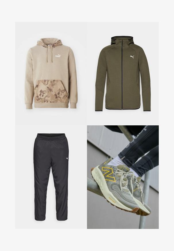 Oliivinvihreä vetoketjullinen huppari, jossa on korkea kaulus, mustat yksityiskohdat ja valkoinen logo vasemmassa rinnassa. Mukana sileä, struktuuriltaan hihna.; Beige huppari, jossa on huppu ja edessä kengurulaukku. Laukku on ruskealla kenttäkuvioinnilla. Valkoinen logo rinnassa. Pehmeä kangas.; Mustat urheiluhousut, jotka on valmistettu sileästä, kevyestä materiaalista. Sisältää joustavan vyötärönauhan ja pienen valkoisen logon vasemmalla puolella.; Vaaleanharmaat New Balance -lenkkarit, joissa on keltainen "N"-logo, teksturoitu verkkopinta, nauhoitusjärjestelmä ja pehmeä harmaanvalkoinen pohja. Ruskeat pohjaosat.