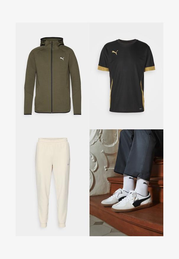 Olíva zöld, cipzáros kapucnis pulóver magas gallérral, fekete kiegészítőkkel és fehér logóval a bal mellrészen. Simára és textúrált anyagból készült.; Fekete sportpóló arany díszítéssel az ujjakon és az oldalon. Kerek nyakkivágással, rövid ujjakkal és nedvességelvezető DRYCELL anyagból készült.; Világos bézs színű, zsinóros derékpánttal ellátott melegítőnadrág, elasztikus derékb clásszsal, kantároznú bokákkal, oldalsó zsebekkel és egy kis logóval a bal combon.; Fehér és fekete velúr Puma sportcipők, barna gumitalppal. Fehér zoknival párosítva, amely fekete logót visel, sötét nadrággal kombinálva.