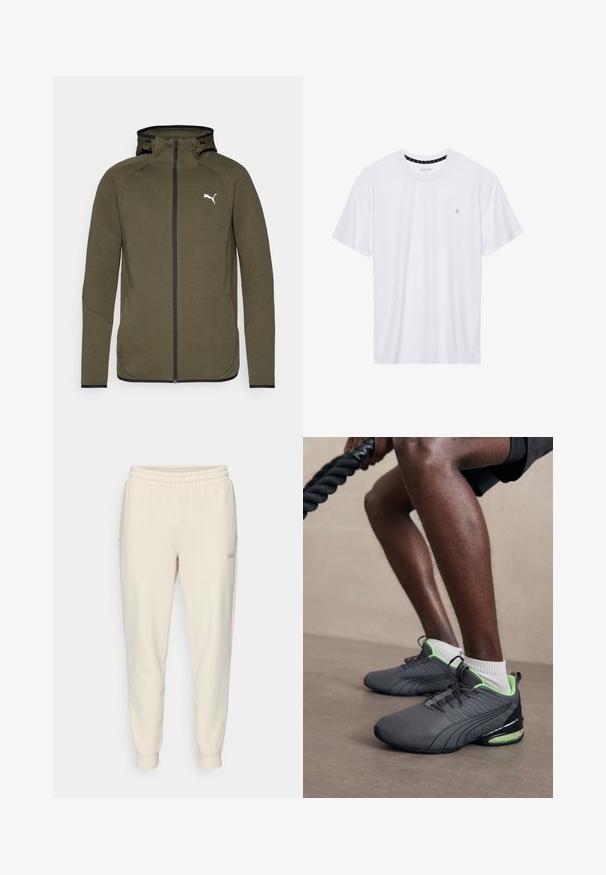 Olivgrön zip-up hoodie med hög krage, svarta detaljer och en vit logotyp på vänster bröst. Har ett mjukt, texturerat tyg.; Vitt crewneck t-shirt i bomull, med korta ärmar och en liten logotyp broderad på vänstra bröstområdet. Mjuk textur.; Ljust beige dragsvettbyxor med dragsnodd, featuring elastisk midja, muddade vristhällor, sidofickor och en liten logotyp på vänster lår.; Grå sportskor med texturerad ovandel, gröna accenter och genomskinlig dämpning. Bärs med vita strumpor, som har en tight passform och minimalistisk design.