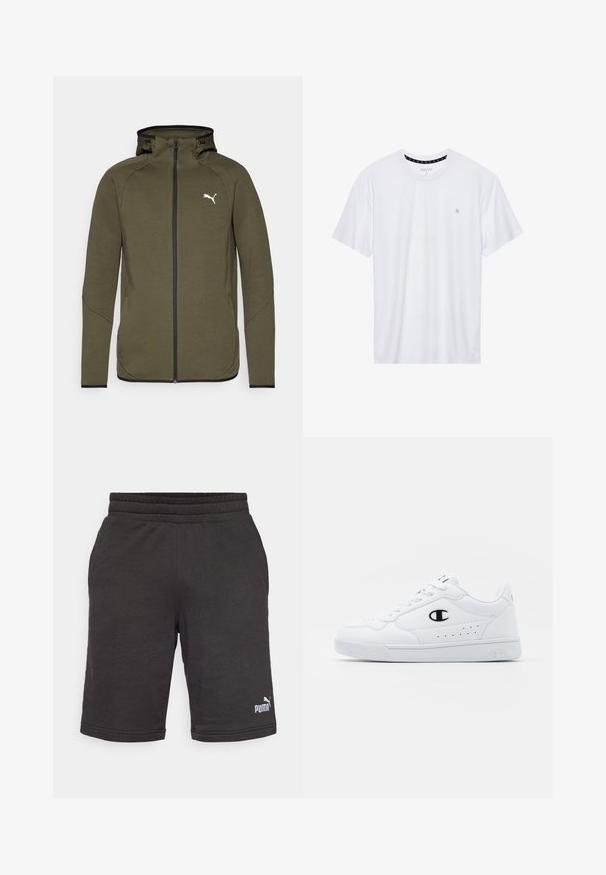 Tumeoliiviroheline tõmblukkidega kapuutsiga sviiter, millel on kõrge kaelus, mustad detailid ja valge logo vasakul rinnal. Omab siledat, tekstuuritud kangast.; Valge ümar kaelusega T-särk, mis on valmistatud puuvillast, lühikeste varrukatega ja vasakus rinnas on väike tikand. Pehme tekstuur.; Mustad mustad sportlikud lühked püksid elastse vöökohtaga, pehme tekstuuriga ja väikese valge Puma logo kaudu vasakul jalal.; Valged spordijalatsid, millel on sile sünteetiline pealmine osa, must logo aktsent ja perforatsioonid külgedel. Kummikreen.