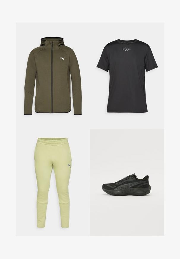 Olivengroene hooded zip-up met een hoge kraag, zwarte accenten en een wit logo op de linkerborst. Gemaakt van een gladde, gestructureerde stof.; Zwarte sport t-shirt met korte mouwen van lichtgewicht stof. Heeft een ronde hals en gedrukt "HYROX" logo met een Puma-embleem aan de voorkant.; Lichtgroene sweatpants met een tapered fit, elastische tailleband, zijzakken en een klein grijs Puma-logo op de linkerdij.; Zwarte sportieve schoen met een gestructureerde mesh bovenkant, platte veters en een gevoerde zool met subtiele reflecterende accenten.