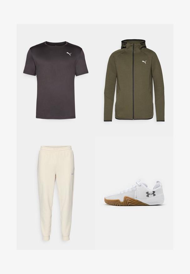 Oliwkowy polar zapinany na zamek z wysokim kołnierzem, czarnymi akcentami oraz białym logo po lewej stronie klatki piersiowej. Charakteryzuje się gładkim, teksturowanym materiałem.; Czarna koszulka z krótkim rękawem, wykonana z gładkiego, lekkiego materiału. Posiada okrągły dekolt oraz małe białe logo Pumy na piersi.; Jasno beżowe dresowe spodnie z paskiem ściągającym, z elastycznym pasem w talii, zakończeniami w postaci mankietów, bocznymi kieszeniami oraz małym logo na lewym udzie.; Białe buty sportowe z siateczkową cholewką, gumową podeszwą w kolorze gumy, teksturowanymi akcentami oraz czarnym logo z boku.