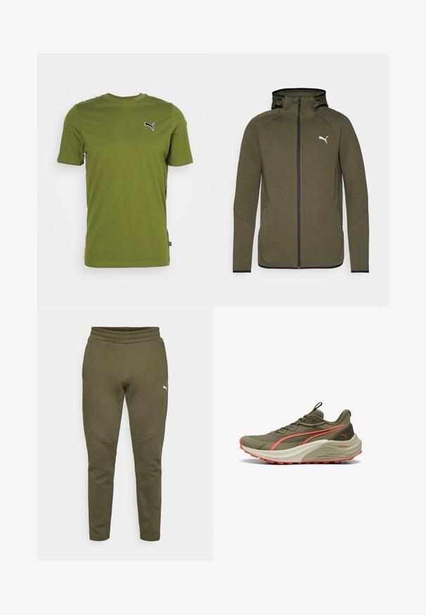 Olivengroene hooded zip-up met een hoge kraag, zwarte accenten en een wit logo op de linkerborst. Gemaakt van een gladde, gestructureerde stof.; Olijfgroen katoenen t-shirt met korte mouwen, ronde hals en zwart geborduurd Puma-logo op de linker borst. Soepele textuur.; Olijfgroene sweatpants met een taps toelopende pasvorm, elastische tailleband en een klein wit logo aan de linkerkant. Zachte stof met een gladde textuur.; Olijfgroene hardloopschoen met een gestructureerde bovenkant, koraalkleurige accenten en een dikke witte tussenzool. Beschikt over een duurzame rubberen buitenzool voor grip.