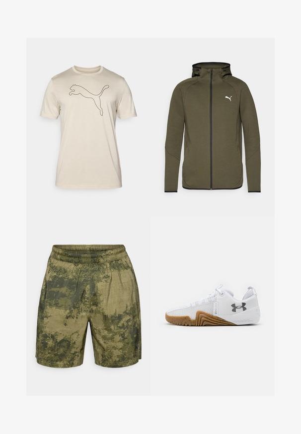 Oliven grønn zip-up hettegenser med høy krage, svarte detaljer og hvitt logo på venstre bryst. Har en glatt, teksturert stoff.; Beige bomull t-skjorte med korte ermer, med en svart omriss av en hoppende panter-logo i midten. Glatt tekstur, rund hals-design.; Kamuflasjemønstrede shorts i nyanser av grønt, laget av lett materiale med elastisk midje og en avslappet passform.; Hvite joggesko med mesh-overdel, gummisåle i kamskjellfarge, teksturerte detaljer og en svart logo på siden.