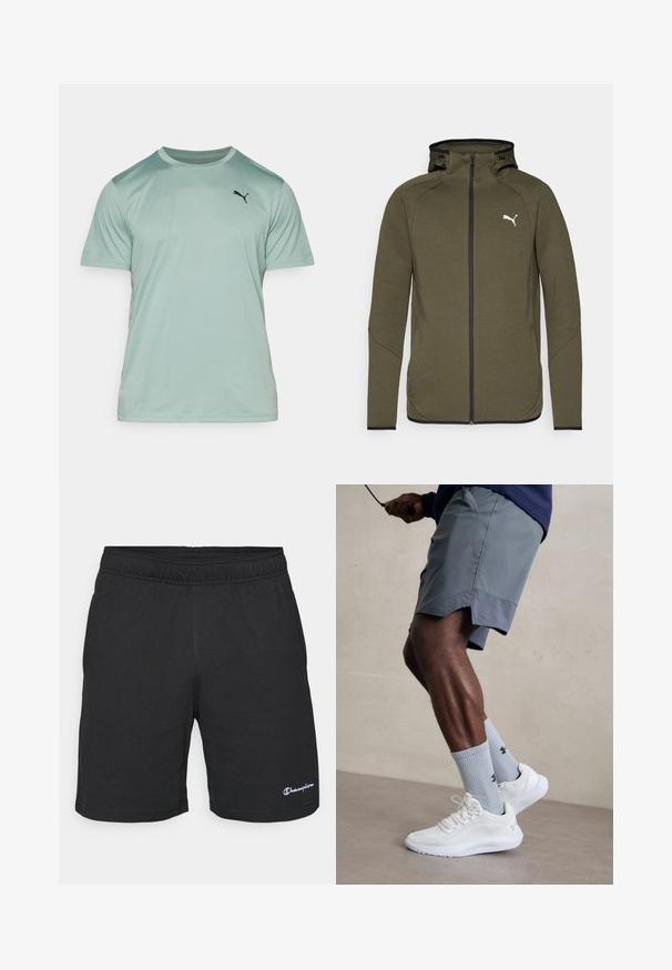 Hanorac cu fermoar de culoare verde măslinie, cu guler înalt, accente negre și un logo alb pe partea stângă a pieptului. Are un material neted și texturat.; Tricou sportiv verde deschis, cu mâneci scurte, realizat dintr-un material neted și respirabil. Prezintă un mic logo Puma negru pe piept.; Pantaloni scurți sport negri cu un talie elastica, dintr-un material moale, având un mic logo alb în colțul din stânga jos.; Încălțăminte sport albă cu partea superioară din plasă texturată, asociată cu șosete ribbate de culoare bleu deschis care au un logo. Şorturi sportive gri cu margine perforată.