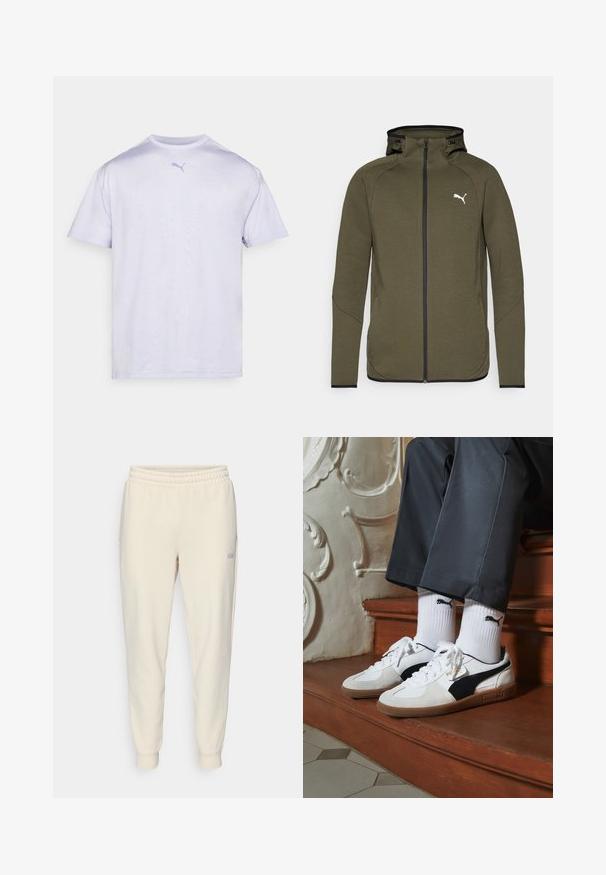Olivengrüne Zip-Hoodie mit hohem Kragen, schwarzen Akzenten und einem weißen Logo auf der linken Brust. Die Jacke verfügt über einen glatten, strukturierten Stoff.; Weißes T-Shirt mit kurzen Ärmeln aus weichem Stoff und Rundhalsausschnitt, mit einem hellblauen Puma-Logo auf der Brust.; Helle beige Jogginghose mit Kordelzug, elastischem Bund, Bündchen an den Knöcheln, seitlichen Taschen und einem kleinen Logo auf dem linken Oberschenkel.; Puma-Sneaker aus weißem und schwarzem Wildleder mit einer braunen Gummisohle. Kombiniert mit weißen Socken, die ein schwarzes Logo zeigen, getragen zu dunklen Hosen.