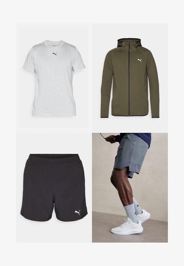 Oliven grønn zip-up hettegenser med høy krage, svarte detaljer og hvitt logo på venstre bryst. Har en glatt, teksturert stoff.; Grå kortermet T-skjorte laget av mykt stoff, med rund hals og en liten svart Puma-logo på brystet.; Svart treningsshorts laget av lett stoff, med elastisk midje og en liten hvit Puma-logo på venstre side.; Hvite treningssko med teksturert mesh-overdel, kombinert med lyseblå ribbestrikkede sokker med logo. Grå treningsshorts med perforert kant.