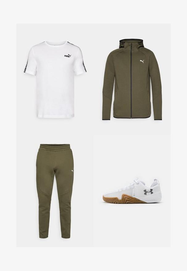 Olivengroene hooded zip-up met een hoge kraag, zwarte accenten en een wit logo op de linkerborst. Gemaakt van een gladde, gestructureerde stof.; Witte T-shirt met korte mouwen en zwart Puma-logo op de borst, met zwarte gedessineerde accenten op de schouders. Katoenen materiaal, standaard pasvorm.; Olijfgroene sweatpants met een taps toelopende pasvorm, elastische tailleband en een klein wit logo aan de linkerkant. Zachte stof met een gladde textuur.; Witte sportschoenen met een bovenwerk van mesh, rubberen buitenzool in een gomkleur, textuuraccenten en een zwart logo op de zijkant.