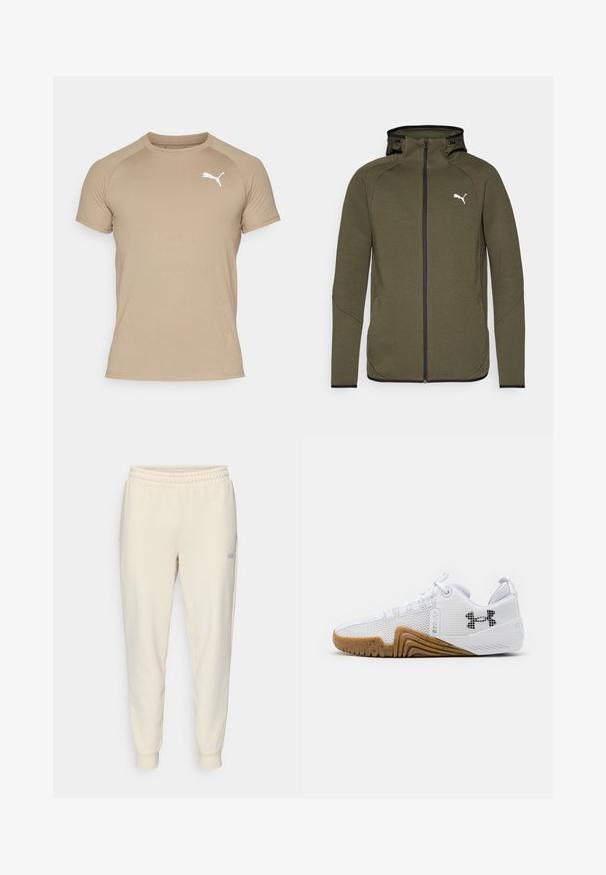 Olivinės žalios spalvos džemperis su užtrauktuku, aukštu apykakle, juodais akcentais ir baltu logotipu kairėje krūtinės pusėje. Audinys yra glotnus, tekstūruotas.; Puma Sportiniai marškinėliai trumpomis rankovėmis - oak branch; Šviesiai smėliniai raišteliais reguliuojami sportiniai kelnių, su elastingu juosmeniu, užsukamais kulkšnimis, šoninėmis kišenėmis ir mažu logotipu kairėje šlaunyje.; Balti sportiniai batai su tinklelio viršumi, guminiu padu rudos spalvos, tekstūruotais akcentais ir juodu logotipu šone.