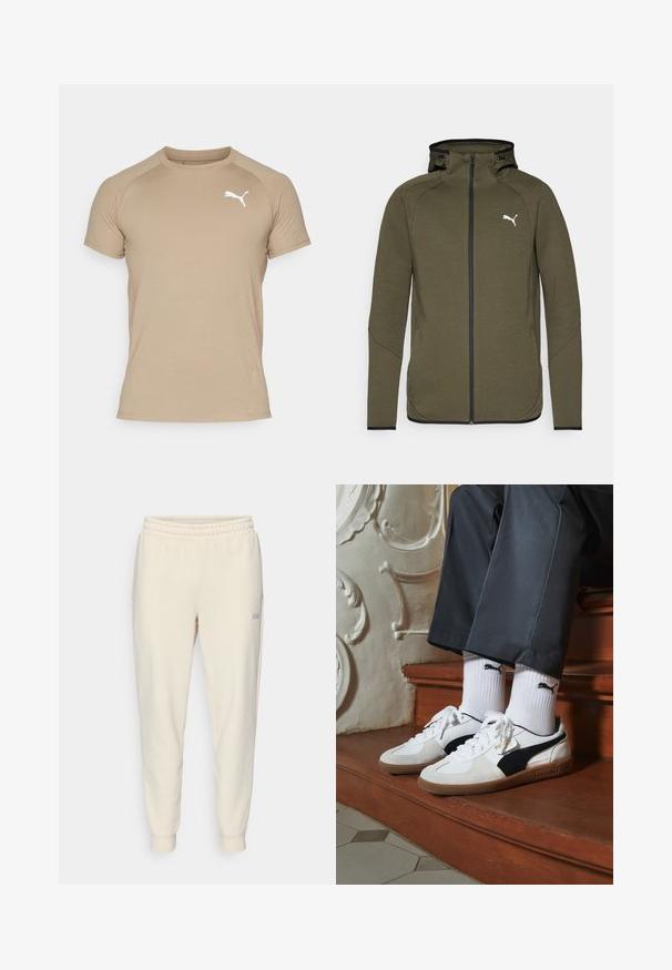Oliven grøn zip-up hoodie med høj krave, sorte accenter og et hvidt logo på venstre bryst. Har et glat, tekstureret stof.; Puma Sports T-shirts - oak branch; Lys beige træk-snor sweatpants med elastisk talje, ribbede ankler, sidelommer og et lille logo på venstre lår.; Puma sneakers i hvid og sort ruskind med en brun gummisål. Bæres med hvide sokker med et sort logo og mørke bukser.