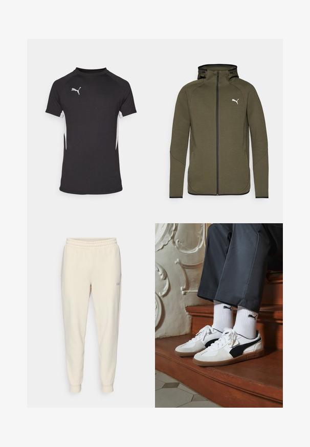 Olive green zip-up hoodie with a high collar, black accents, and a white logo on the left chest. Features a smooth, textured fabric.; Black short-sleeve athletic shirt featuring white side accents and a silver logo. Made of lightweight, smooth fabric with a crew neck design.; Light beige drawstring sweatpants, featuring elastic waistband, cuffed ankles, side pockets, and a small logo on the left thigh.; Puma sneakers in white and black suede, featuring a brown rubber sole. Paired with white socks displaying a black logo, worn with dark pants.