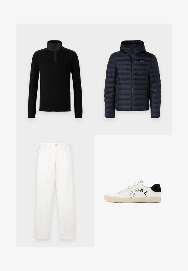 Námornícka prešívaná bunda s kapucňou, ktorá má predný zips a elastické manžety. Štruktúrovaný povrch s horizontálnym prešívaním a akcentom loga.; Čierny sveter s vysokým golierom a štvrťovým zipsom. Obsahuje hladký materiál a kontrastné textúrované ramenné panely.; Biele nohavice vyrobené z hladkej tkaniny, s rovnými nohavicami, prednými záhybmi a jedným gombíkom na zapínanie v páse.; Biele kožené tenisky s čiernymi akcentmi na päte, s výrazným čiernym nápisom na boku a gumovou podrážkou. Minimalistický dizajn.