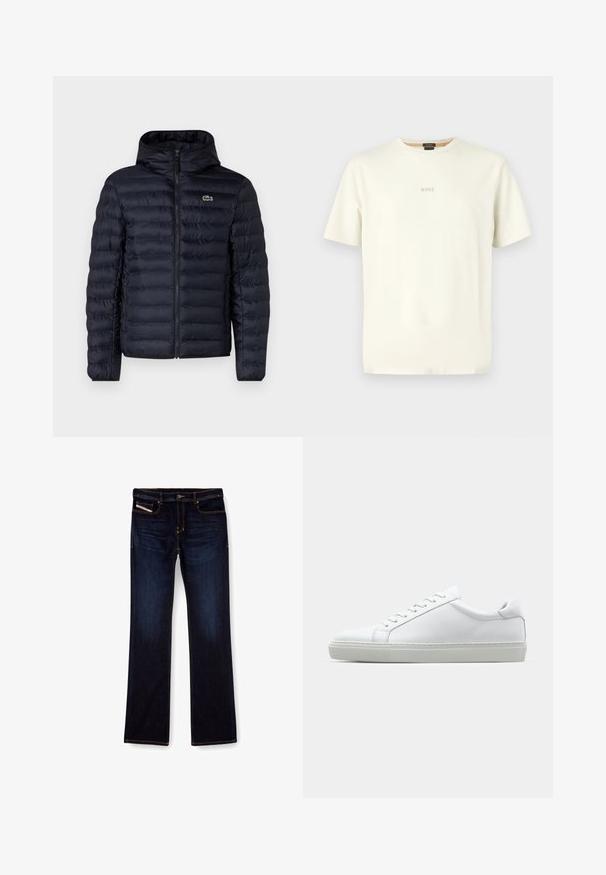 Marineblå polstret jakke med hette, med glidelås i front og elastiske mansjetter. Strukturert finish med horisontal søm og logo-detall.; Kremfarget T-skjorte med korte ermer laget av bomull, med rund hals og ordet "BOSS" trykt diskret i grått på forsiden.; Mørkeblå denimjeans med rette ben, med oransje sømmer, glidelås og frontlommer. Glatt tekstur og standard linning.; Hvit sneakers med en glatt skinnoverdel og lav profil. Har en rund tå, seks snøring hull, og en teksturert gummisåle.