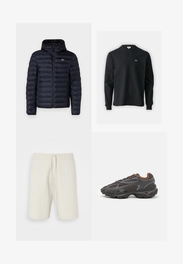 Granatowa pikowana kurtka z kapturem, z przodu zapinana na zamek błyskawiczny oraz z elastycznymi mankietami. Teksturowane wykończenie z poziomymi przeszyciami oraz akcentem logo.; Czarna koszulka z długim rękawem, wykonana z bawełny, z okrągłym dekoltem i małym haftowanym logo krokodyla w kolorze zielonym po lewej stronie klatki piersiowej.; Jasno beżowe szorty z teksturowanej tkaniny, z elastycznym pasem na sznurek i długością do kolan, z subtelnymi pionowymi paskami.; Sneakers Lacoste w ciemnoszarym kolorze, wykonane z siateczki i materiału syntetycznego, z teksturowaną podeszwą oraz brązowymi akcentami na kołnierzu i logotypie.