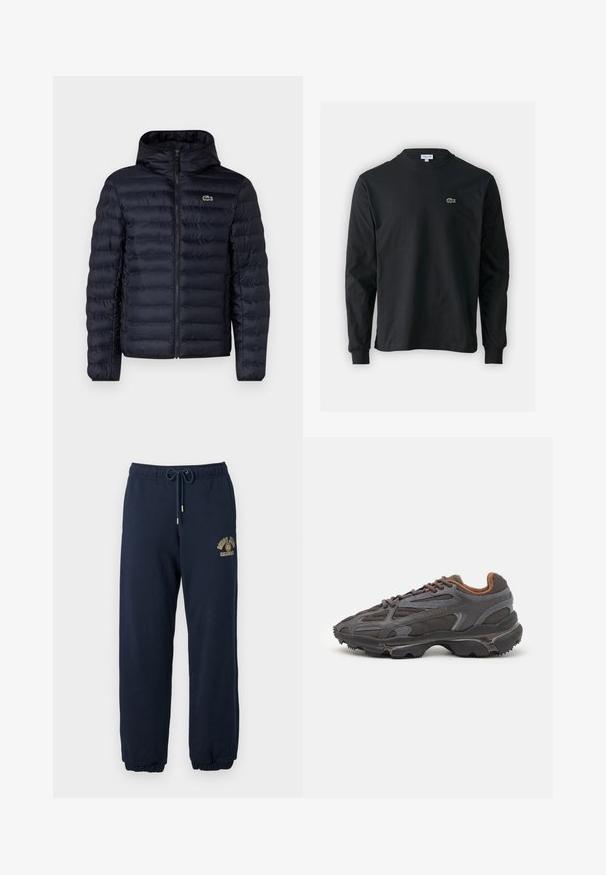 Mornarska podložena jakna s kapuco, ki ima sprednji zadrgo in elastične manšete. Teksturovan zaključek s horizontalnim šivanjem in logotipom.; Črna dolgi rokavi majica iz bombaža, z okroglim ovratnikom in majhnim zelenim vezenim logotipom krokodila na levem prsnem delu.; Temno modri trenirke iz mešanice bombaža z elastičnim pasom in nastavljivo vrvico; na stegnu se nahaja zlati logotip.; Lacoste teniske v temno sivi barvi z mrežasto in sintetično prevleko, s teksturiranim podplatom in rjavimi detajli na ovratniku ter blagovni znamki.