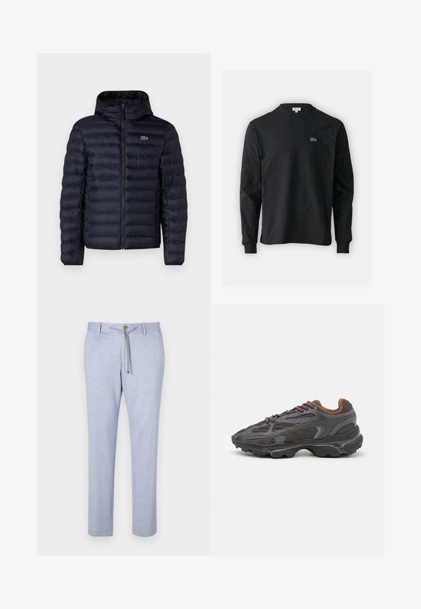 Marineblaue gepolsterte Jacke mit Kapuze, ausgestattet mit einem Frontreißverschluss und elastischen Bündchen. Strukturierte Oberfläche mit horizontalen Nähten und einem Logo-Detail.; Schwarzes Langarm-T-Shirt aus Baumwolle, mit Rundhalsausschnitt und einem kleinen grünen, gestickten Krokodil-Logo auf der linken Brust.; Helle blaue Freizeithose aus weichem Stoff, mit Kordelzugverschluss, Knopfakzent und schmalem BeinDesign mit glatter Textur.; Lacoste Sneaker in Dunkelgrau aus Mesh und Synthetikmaterial, mit einer strukturierten Sohle und braunen Akzenten am Kragen und Logo.