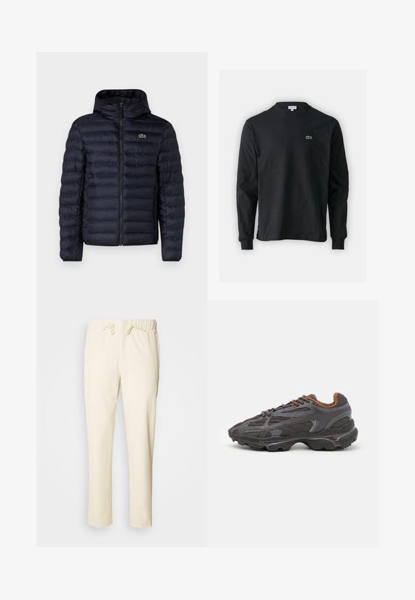 Marine gewatteerde jas met capuchon, voorzien van een rits aan de voorkant en elastische manchetten. Getextureerde afwerking met horizontale stiksels en een logo-accent.; Zwarte longsleeve t-shirt van katoen, met een ronde halslijn en een klein groen geborduurd krokodillenlogo op de linkerborst.; Lichtbeige, relaxte broek van zachte stof, met een elastische tailleband met een trekkoord en zijzakken.; Lacoste sneakers in donkergrijs van mesh en synthetisch materiaal, met een gestructureerde zool en bruine accenten op de kraag en branding.