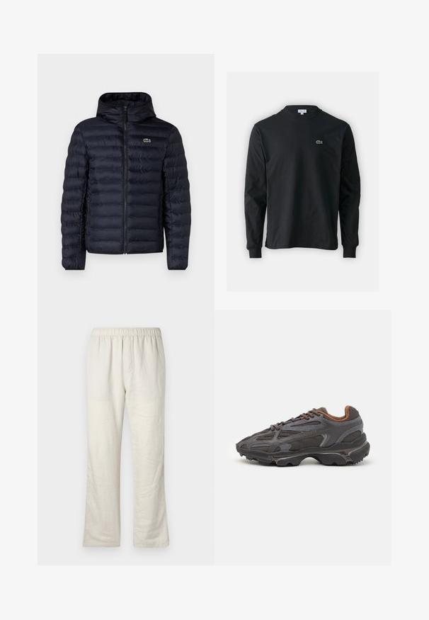 Tamsiai mėlyna pūkinė striukė su kapišonu, turi priekinį užtrauktuką ir elastines rankoves. Su tekstūruotu paviršiumi, horizontaliais siūlais ir logotipo akcentu.; Juodas ilgomis rankovėmis marškinėliai iš medvilnės, turintys apvalią iškirptę ir mažą žalią išsiuvinėtą krokodilo logotipą kairėje krūtinės pusėje.; Šviesiai rudos lengvos lininės kelnės su elastinga juosmeniu, tiesaus kirpimo ir be matomų kišenių ar užsegimų.; Lacoste sportbačiai tamsiai pilki, pagaminti iš tinklinės ir sintetinių medžiagų, su tekstūruotu padu ir rudomis detalėmis ant apykaklės bei prekės ženklo.