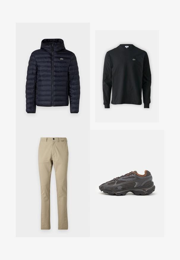 Mornarska podložena jakna s kapuco, ki ima sprednji zadrgo in elastične manšete. Teksturovan zaključek s horizontalnim šivanjem in logotipom.; Črna dolgi rokavi majica iz bombaža, z okroglim ovratnikom in majhnim zelenim vezenim logotipom krokodila na levem prsnem delu.; Calvin Klein MODERN SLIM - Hlače chino - london fog; Lacoste teniske v temno sivi barvi z mrežasto in sintetično prevleko, s teksturiranim podplatom in rjavimi detajli na ovratniku ter blagovni znamki.