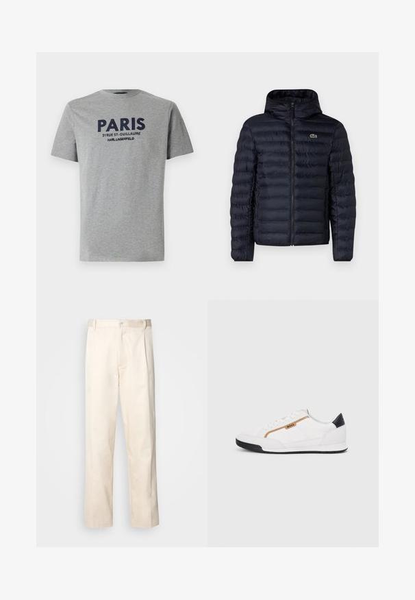 Ναυτικό μαξιλαρωτό μπουφάν με κουκούλα, διαθέτει μπροστινό φερμουάρ και ελαστικές μανσέτες. Υφή με ραφές σε οριζόντια διάταξη και λογότυπο.; Γκρι βαμβακερό t-shirt με κοντά μανίκια, με κεντημένο ναυτικό κείμενο: "ΠΑΡΙΣ 21 ΡΕΥ ΣΤ-ΓΚΙΓΚΛΑΜ ΚΑΡΛ ΛΑΓΚΕΡΦΛΝΤ" στο μπροστινό μέρος.; Μπεζ βαμβακερό παντελόνι με ίσια γραμμή, διαθέτει κουμπί κλεισίματος και πτυχές στο μπροστινό μέρος για επιπλέον λεπτομέρεια.; Λευκά αθλητικά παπούτσια με λεπτομέρειες από διχτυωτό και δερμάτινο υλικό. Διαθέτουν χρυσό λογότυπο "BOSS", υφασμάτινες πλευρές με υφή και μαύρη κάλυψη στη φτέρνα. Ελαστική σόλα.
