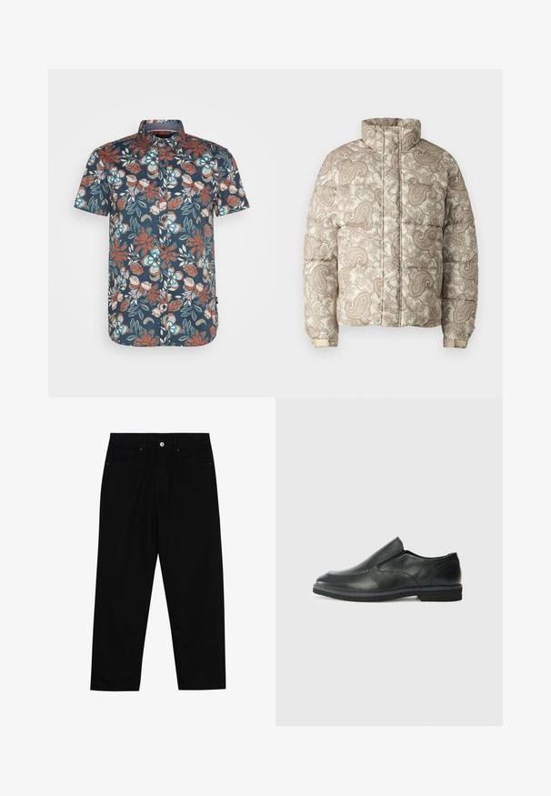 Polstret jakke med høy krage, med et kremfarget og lysebrunt paisleymønster. Materialene ser ut til å være quiltede med ribbestrikkede mansjetter for komfort.; Kortermet skjorte med mørkeblå bakgrunn som har et blomsterdesign i rødt, hvitt og turkis. Knapp-ned krage, avslappet passform.; Sorte denimbukser med rett benklipp, fem-lomme design og frontknappåpning. Jevn tekstur med minimale sømdetaljer.; Sorte skinn slip-on sko med en jevn overflate, stikking detaljer, rund tå og en lav gummihæl. Sålen har minimal mønstring.