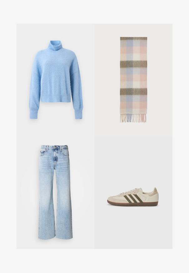 Hnědá umělá kožená zkrácená bunda s vysokým límcem, předním zipem, dvěma velkými náprsními kapsami a nastavitelnými manžetami. Hladká textura a strukturovaný design.; Světle modrý, zkrácený svetr s rolákem vyrobený z měkké, texturované látky, s dlouhými rukávy a žebrovanými manžetami pro lepší detail.; Světle modré široké džíny s vybledlým denimovým vzhledem, vysokým pasem a klasickým pětipocketovým designem. Obsahují zapínání na knoflík a zip.; adidas Originals SAMBA OG UNISEX - Tenisky - alumina/medium dark khaki/gum; Kostkovaný šátek v pastelových barvách v odstínech růžové, modré a béžové, s třásněmi po okrajích a horizontálními pruhy.