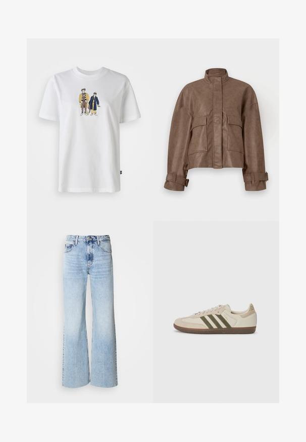 Brun kunstlær cropped jakke med høy krage, frontglidelås, to store brystlommer og justerbare mansjetter. Glatt tekstur og strukturert design.; Hvit bomullt-skjorte med en grafisk illustrasjon av to tegneseriefigurer i fargerike klær. Rund hals og korte ermer.; Lys blå vide jeans med falmet denimtekstur, høy midje og klassisk fem-lomme design. Har en knapp og glidelås-lukking.; adidas Originals SAMBA OG UNISEX - Joggesko - alumina/medium dark khaki/gum