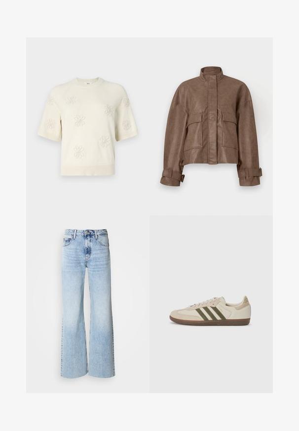 Brown faux leather cropped jacket with a high collar, front zip, two large chest pockets, and adjustable cuffs. Smooth texture and structured design.; Cream short-sleeve sweater with floral embroidery, round neckline, and ribbed detailing at cuffs and hem. Soft texture and relaxed fit.; Light blue wide-leg jeans with faded denim texture, high waist, and classic five-pocket design. Features a button and zipper closure.; adidas Originals SAMBA OG UNISEX - Trainers - alumina/medium dark khaki/gum