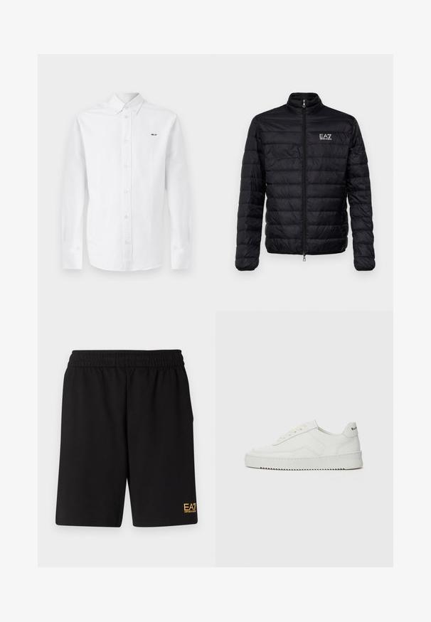 Padded black jacket with a high collar, front zip, and EAZ logo on the left chest. Features horizontal quilted design and smooth texture.; White long-sleeve shirt in cotton, featuring a button-up front, light pink buttons, and black text "NN. 07" on the left chest.; Black athletic shorts made of soft fabric,Featuring an elastic waistband and a small yellow EA7 logo on the lower left leg.; White leather sneaker with a smooth finish, round toe, flat laces, and a textured sole. Features a subtle logo on the heel.