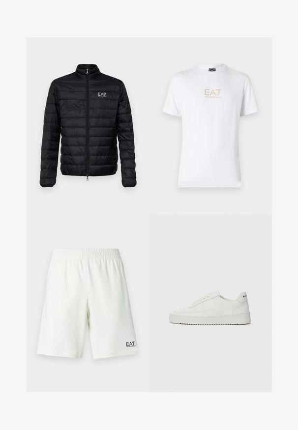 Giacca nera imbottita con colletto alto, zip frontale e logo EAZ sul lato sinistro del petto. Presenta un design a righe orizzontali e una texture liscia.; T-shirt bianco in cotone con scollatura rotonda e maniche corte, con il logo oro EA7 Emporio Armani stampato sul fronte.; Shorts con vita elastica bianca con logo EA7 Emporio Armani in nero sulla parte inferiore della gamba destra.; Sneaker in pelle bianca con una finitura liscia, punta rotonda, lacci piatti e suola testurizzata. Presenta un logo discreto sul tallone.