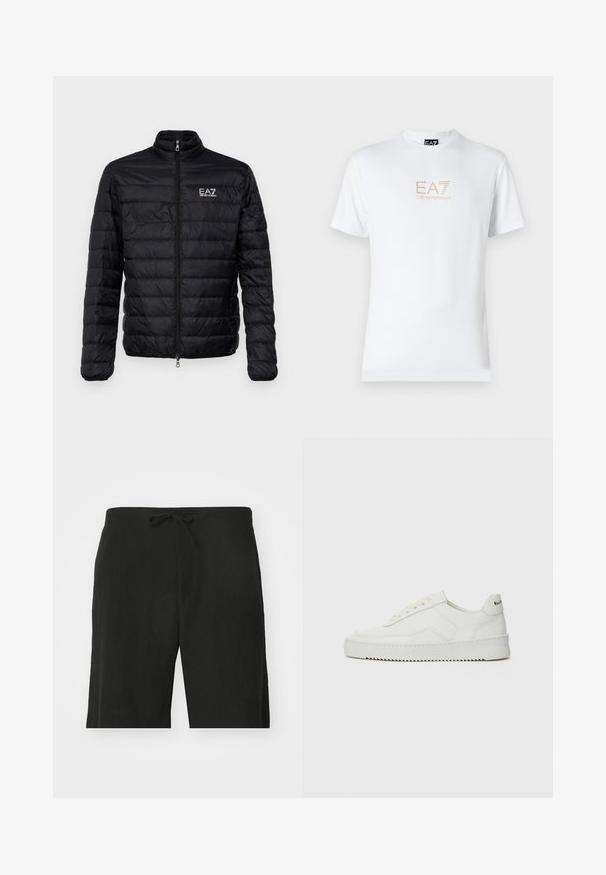 Gestepptes schwarzes Jackett mit hohem Kragen, Frontreißverschluss und EAZ-Logo auf der linken Brust. Verfügt über ein horizontal gestepptes Design und eine glatte Textur.; Weißes Baumwoll-T-Shirt mit Rundhalsausschnitt und kurzen Ärmeln, mit einem goldenen EA7 Emporio Armani-Logo auf der Vorderseite.; Schwarze Leinen-Shorts mit elastischem Bund, im entspannten Schnitt und knielanger Ausführung. Sanfte Textur, einfacher und klassischer Stil.; Weiße Ledersneaker mit glatter Oberfläche, runder Zehenpartie, flachen Schnürsenkeln und strukturiertem Sohlenprofil. Mit einem dezenten Logo an der Ferse.