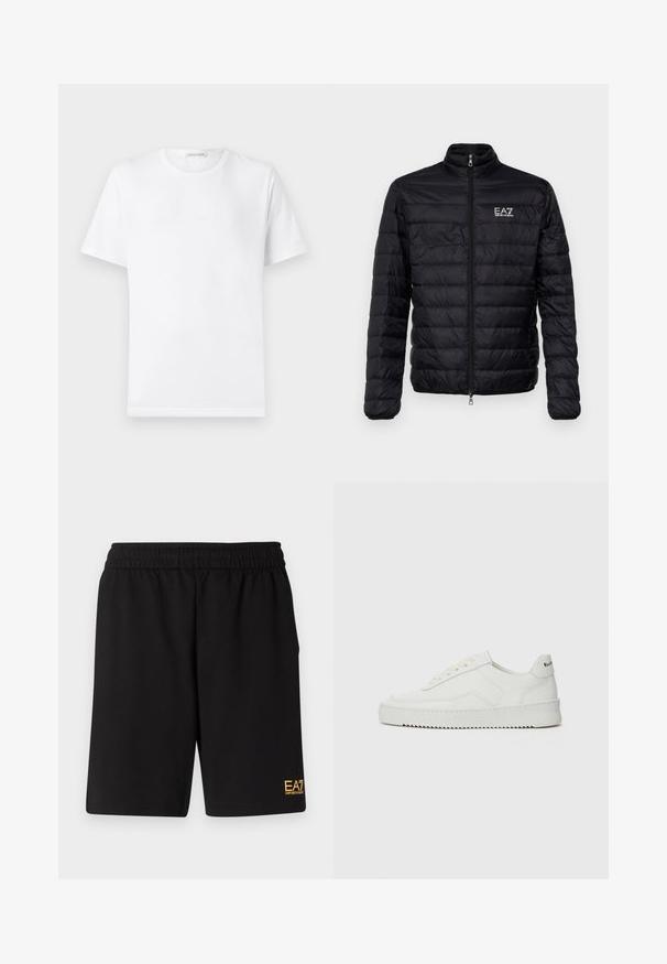 Mustaga polsterdatud jakk kõrge krae, ees lukuga ja EAZ logo vasakul rinnal. Omab horisontaalset tikandmustriga disaini ja siledat tekstuuri.; Valge puuvillane t-särk ümmarguse kaelusega ja lühikeste varrukatega. Rinnal on diskreetne reljeefne logo. Sile tekstuur, standardne lõige.; Mustad mustad lühikesed püksid, mis on valmistatud pehmest kangast. Omavad elastset vöökohta ja väikest kollast EA7 logo vasakul jalal.; Valge nahast tennis, millel on sile põhi, ümar varvas, lamedad nöörid ja tekstuuriline tall. Sisaldab diskreetset logo kontsaribal.