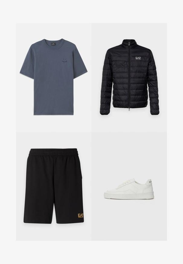 Mustat pehmustetut takki, jossa on korkea kaulus, vetoketju edessä ja EAZ-logo vasemmassa rinnassa. Ominaisuudet: vaakasuuntainen tikkaus ja sileä pinta.; Musta lyhythihainen t-paita puuvillasta, jossa on pyöreä pääntie ja pieni musta graafinen yksityiskohta rinnassa. Rennon mallinen suoralla helmalla.; Mustat urheilushortsit, jotka on valmistettu pehmeästä kankaasta. Kengissä on joustava vyötärönauha ja pieni keltainen EA7-logo vasemmassa alakulmassa.; Valkoinen nahkakenkä, jossa on sileä pinta, pyöreä kärki, tasaiset nauhat ja teksturoitu pohja. Sisältää huomaamattoman logon kantapäässä.