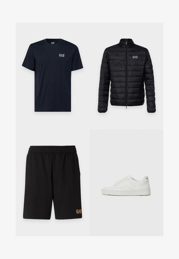 Padded czarna kurtka z wysokim kołnierzem, zamek błyskawiczny z przodu i logo EAZ po lewej stronie klatki piersiowej. Charakteryzuje się poziomym pikowaniem i gładką teksturą.; EA7 Emporio Armani - T-shirt z nadrukiem; Czarne sportowe szorty wykonane z miękkiego materiału, z elastycznym paskiem w talii oraz małym, żółtym logo EA7 na dolnej lewej nodze.; Białe skórzane sneakersy o gładkim wykończeniu, okrągłym nosku, płaskich sznurówkach i teksturowanej podeszwie. Charakteryzują się delikatnym logo na pięcie.